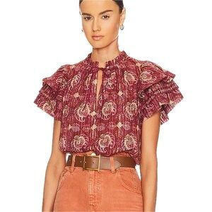 Floral Ruffle Sleeve Top - Red